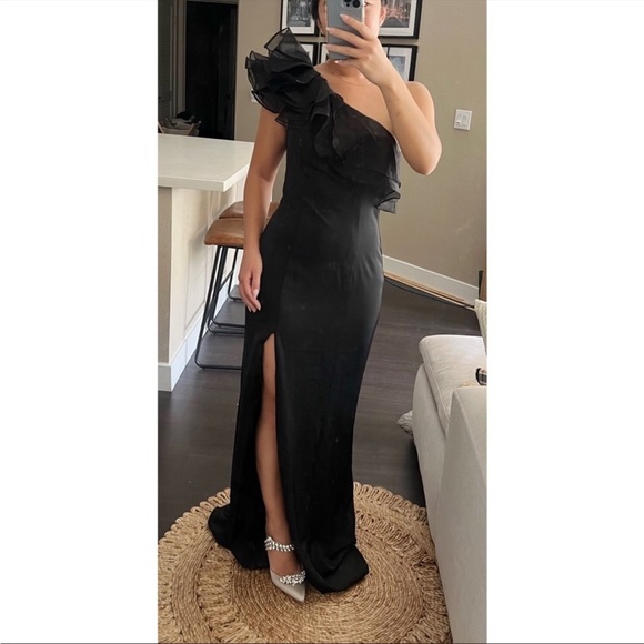 Ieena For Mac Duggal Womens Gown Dress Black Slit Maxi One Shoulder Ruffle 6 - Picture 13 of 13